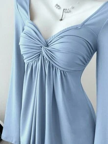 Elamini Áo thun nữ tay dài cổ chữ V xoắn phía trước, kiểu dáng mới đa năng, thích hợp cho mùa xuân/thu. - Màu xanh lam - Xem 5