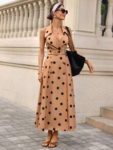 Editum 女士优雅法式/度假/通勤波点翻领双排扣腰身连衣裙，无袖A字连衣裙，春夏连衣裙，女士优雅连衣裙，休闲女装，嘉年华服装，夏季波点连衣裙，女士优雅波点连衣裙，女士度假连衣裙，夏季优雅连衣裙，无袖波点连衣裙，夏季服装，波点连衣裙，女士复古连衣裙，女士复古连衣裙，中长连衣裙，波点连衣裙，波点中长连衣裙 - 彩色 - 查看 9