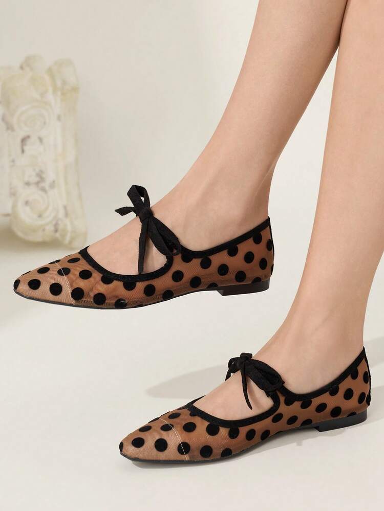 CUCCOO CHICEST 2024 New Mesh Polka Dot Bow Decor Pointed Toe Elegant Versatile Women Flat Shoes Spring Shoes Spring Break Easter For Christmas Valentine's Day Elegant Shoes Wedding Shoes