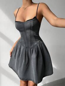 Aloruh Đầm denim ôm sát người dành cho nữ, dây mảnh, điểm nhấn là chi tiết xếp ly xương cá. - Màu xanh lam - Xem 3