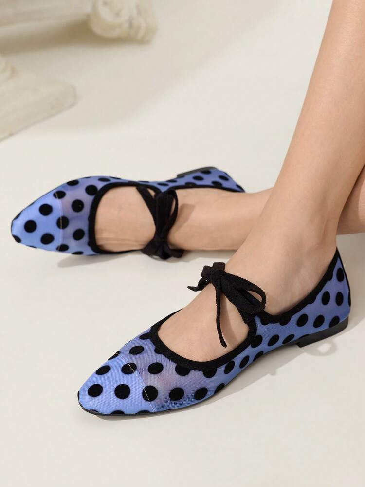 CUCCOO CHICEST 2026 New Mesh Polka Dot Bow Decor Pointed Toe Elegant Versatile Women Flat Shoes, Spring Season, Suitable For Spring Break, Easter And Christmas Wear