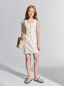 Ontre Tween Girl Woven Apricot Sleeveless Jacket & Skirt Casual Suit - Apricot - View 5