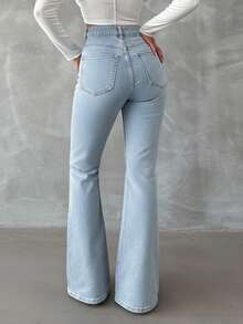 EURMUSE 98%Cotton Zip Solid Color Slant Pocket Front Flare Jeans - Dusty Blue - View 2