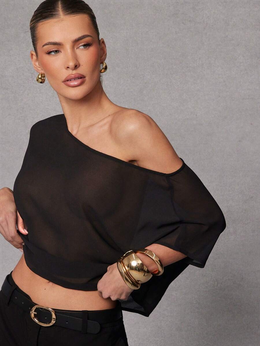 Hauture Women's Simple Sexy Daily Going Out One Shoulder Sheer Chiffon Top - Black - View 1