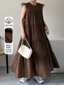 FRIFUL Gaun Wanita Kasual Longgar Warna Polos dengan Rok Mengembang, Serbaguna untuk Musim Semi dan Musim Panas. - Coffee Brown - View 1