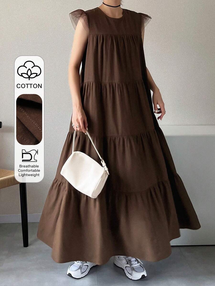 FRIFUL Gaun Wanita Kasual Longgar Warna Polos dengan Rok Mengembang, Serbaguna untuk Musim Semi dan Musim Panas. - Coffee Brown - View 1