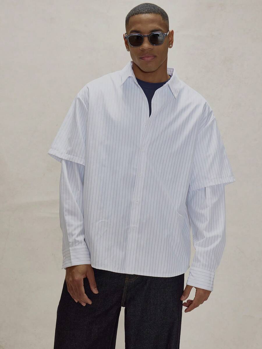 Musero 双层袖长袖细条纹翻领纽扣衬衫，修身时尚上衣，秋冬必备单品 - 白色 - 查看 1