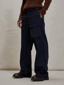 Musero Loose Fitted Fabric Belted Cargo Style Pant Pocket Detailing Trouser Winter Essentials - Navy Blue - View 2
