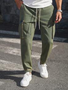 Manfinity Homme Men's Casual Streetwear Washed Tapered Cargo Jeans Beach Olive Green Summer - Multicolor - View 8