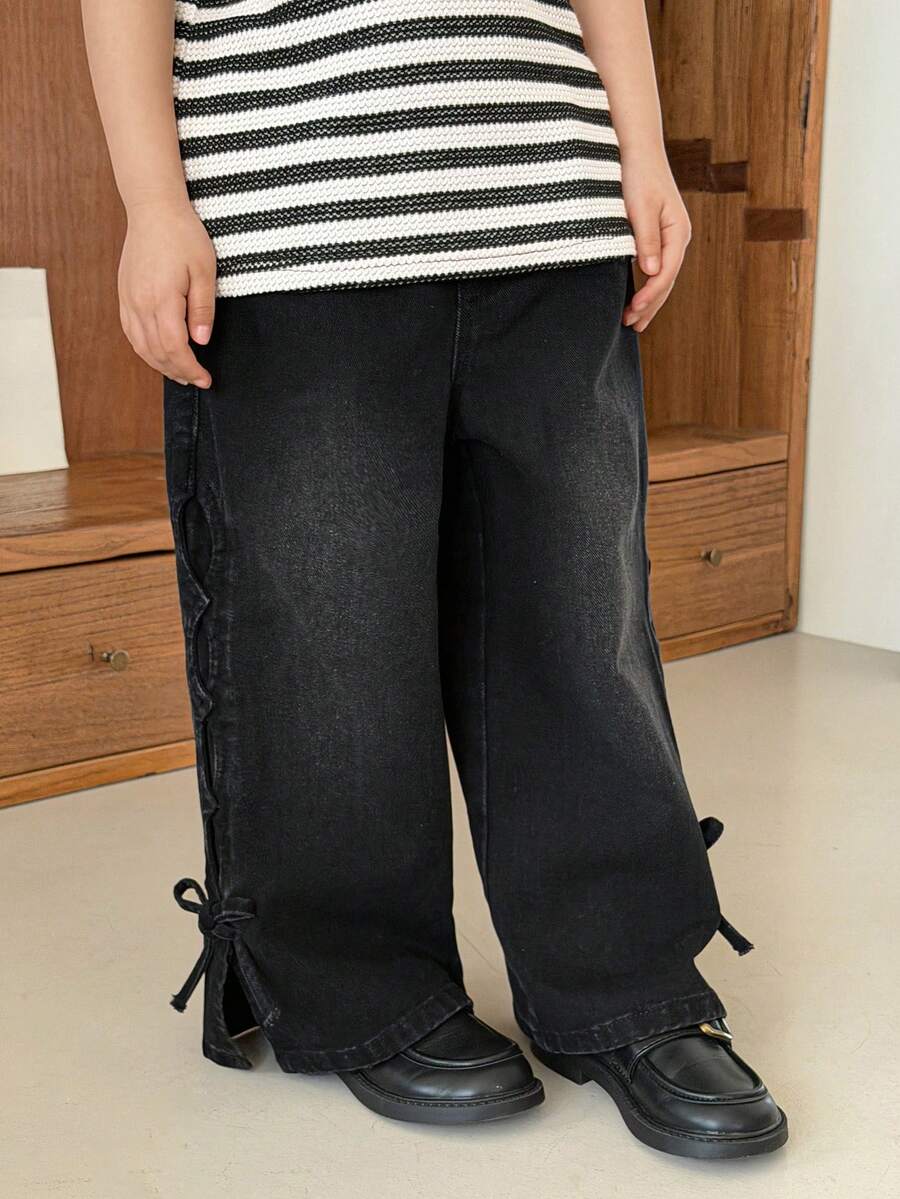 DAZY 年轻女孩水洗韩式休闲宽松破洞牛仔裤 - 黑色 - 查看 1