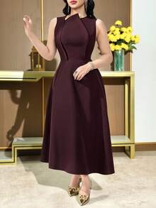 Feyla Women's Solid Color Sleeveless Elegant Bud Design Waist Midi Dress Burgundy Dress Plum Dress Elegant Midi Dress Wine Dress - Burgundy - View 5