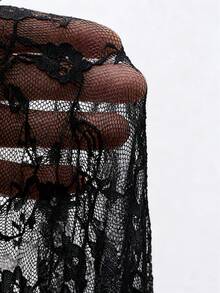 FRIFUL Women's Fashionable Sexy Sheer Lace Collar Fitted Blouse Spring - Black - View 5