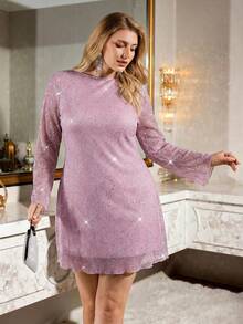 SHEIN Essnce Đầm ngắn tay dài hở lưng xuyên thấu màu đen bóng, thanh lịch, thoải mái dành cho nữ cỡ lớn, thích hợp cho mùa thu đông, trang phục mùa thu, quần áo nữ năm mới, đầm dự tiệc cho người có đường cong quyến rũ. - Bụi hồng - Xem 4