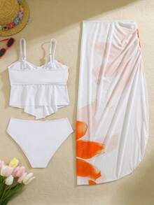 Teen Girls3pieces,Orange Flower Print Fitted,Bikini Sets And Cover Ups,Bikini Sets Beach Wear,Travel,Relax,Sunbathing,Water-Resistant,Sun,Summer,Anti-Uv,Sun Protection,Swim,Beach,Sea,Holiday,Vacationsummer - Multicolor - View 2