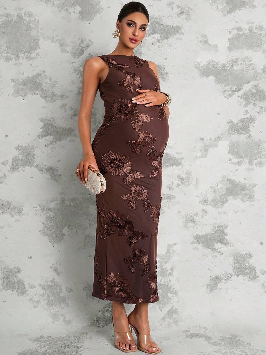 MaterniChic Maternity Clothes Maternity  Dress Summer Pregnant Clothes Maternity Sleeveless Ruched Dress, Elegant - Brown - View 1