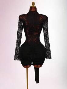 Amplova Women's Lace Blouse With Vintage Red Sheer Drawstring Hem Mini Bodycon Dress, Boho Style For Party - Black - View 2