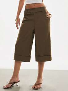 Poéselle Quần lửng ống rộng đơn sắc, đa năng dành cho nữ. - màu nâu - Xem 5