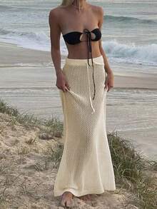 SHEIN Holidaya Rok Sweater Rajut Terbuka dengan Tali Serut Pinggang, Warna Polos, Gaya Liburan Pantai Seksi untuk Wanita, Musim Semi/Panas/Gugur - Aprikot - View 3