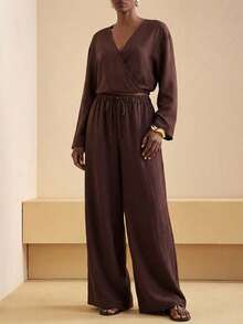 Zivah 新款春夏通勤优雅宽松棕色纯色裹袖长袖衬衫+高腰阔腿长裤女两件套，适合情人节、约会、派对、聚会、节日、西式风格、度假、游牧风格、海滩、海边、音乐会、日常出行、新年、狂欢、早午餐、婚礼宾客、婚礼季、休闲A - 棕色 - 查看 4