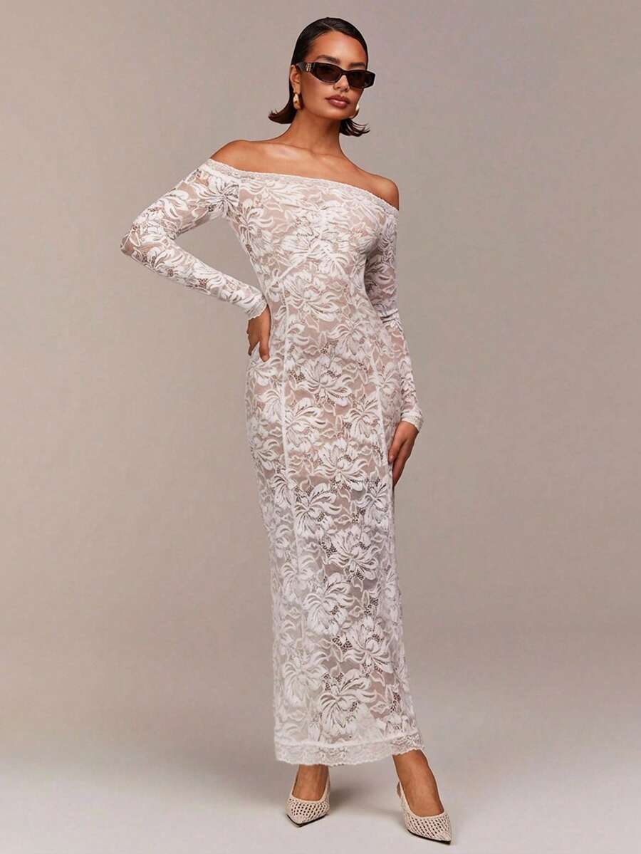 COSMINA 女士优雅露肩蕾丝半透明连衣裙，情人节、派对、春季、约会、度假皆宜 - 奶油色 - 查看 1