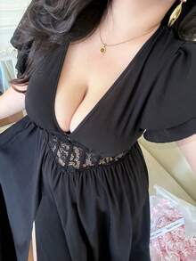 Vibekara 夏季新款时尚蕾丝拼接收腰黑色连衣裙（女款） - 黑色 - 查看 3