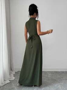 Elenzga Women's Elegant Romantic Summer Vacation Round Neck Sleeveless Waist Cinched Flowy A-Line Dress - Army Green - View 2