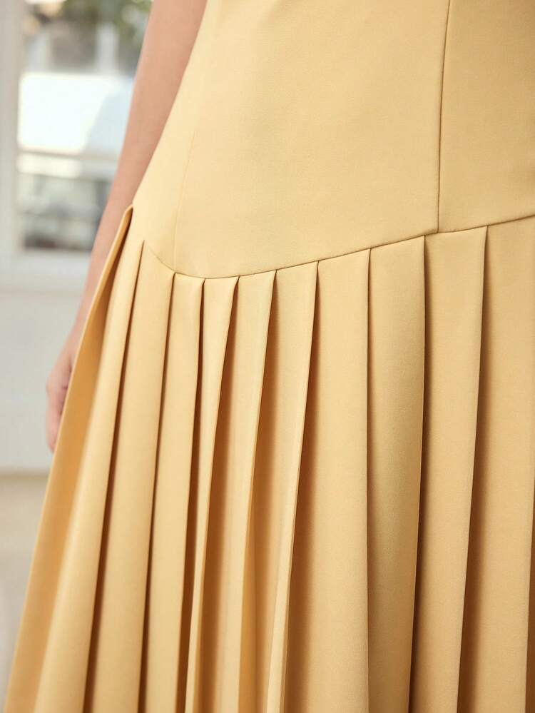 WOMEN'S ASYMMETRIC NECK PLEATED LONG DRESS, SUITABLE FOR DATES, SPRING/SUMMER