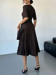 Lavishia Elegant Jacquard Textured Fabric Midi Dress With Round Neck - Brown - View 2