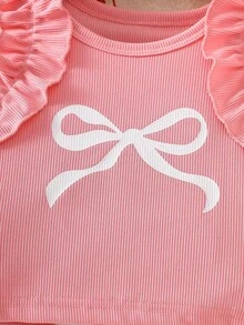 1 set Top à manches courtes avec volants et imprimé nœud et jupe à volants pour bébé fille. Style mignon et girly. Ensemble léger et respirant de 2 pièces adorable pour les sorties quotidiennes et les jeux. Tenue de mode printemps et été - Vieux Rose - Voir 4