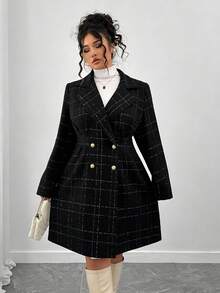 Elenzga Plus Size Women's Fashionable Retro Elegant Double-Breasted Wool Coat, Versatile For Daily Wear, Minimalist And Commuter Style - Black - View 4