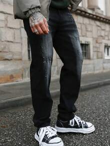 Artur Kramer Men's Button Front Pocket Elastic Distressed Denim Jeans, Emo Style, Grunge - Black - View 5