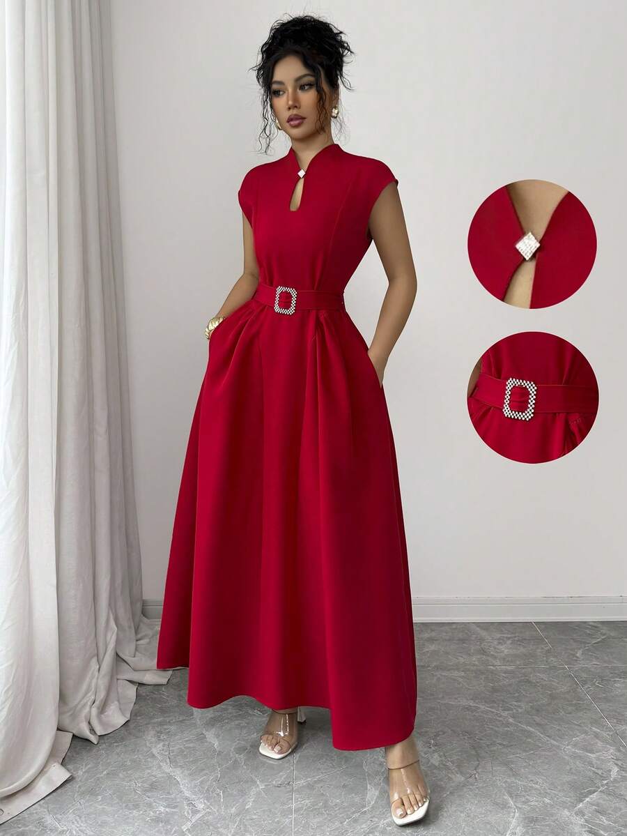 Elenzga Women's Elegant Casual Midi Dress With Romantic French Sicily Inspired Design, Suitable For Commute, Vacation, Afternoon Tea, Valentine's Day Party, Featuring Sweetheart Neck, Waist Tie Belt, Flared Hem, And Pockets, Spring/Summer - Red - View 1