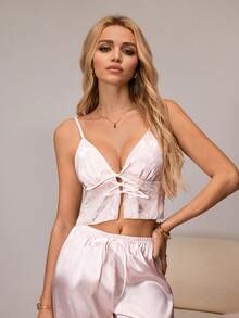 HautHeat Women's Sexy Front Tie Cropped Camisole Sleepwear Top - Pink - View 3