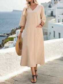 SHEIN Holidaya Women's Casual Loose Cotton Pocket Dress, Suitable For Vacation - Apricot - View 8