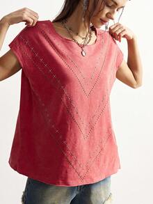 Bohemela Camiseta de mujer de cuello redondo de punto liso rojo con decoración de rhinestones y acabado lavado, ideal para el Día de San Valentín, vacaciones y verano - Naranja Coral - Ver 5