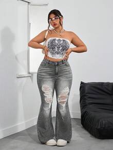 Flirla Plus Size Casual Grunge Washed Distressed Flare Jeans Everyday Grey Winter - Grey - View 5