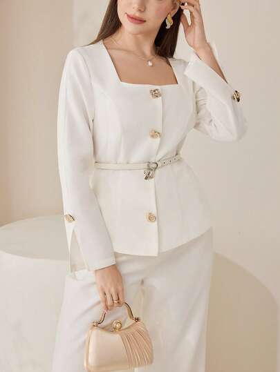 Veilorie 女士纯色方领长袖金属单排扣优雅西装外套