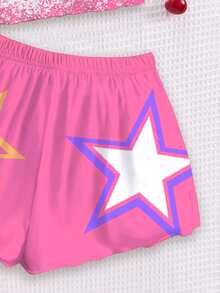 SHEIN 2件套少女时尚韩流女团字母印花吊带背心和星星印花短裤睡衣，适合夏季穿着 - 彩色 - 查看 4