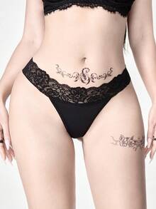 ROMWE Goth 哥特蕾丝交叉绑带蝴蝶结蕾丝丁字裤 - 黑色 - 查看 2