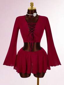 Amplova 女士纯色系带喇叭袖露脐上衣和短裙性感时尚套装 - 酒紅色 - 查看 1