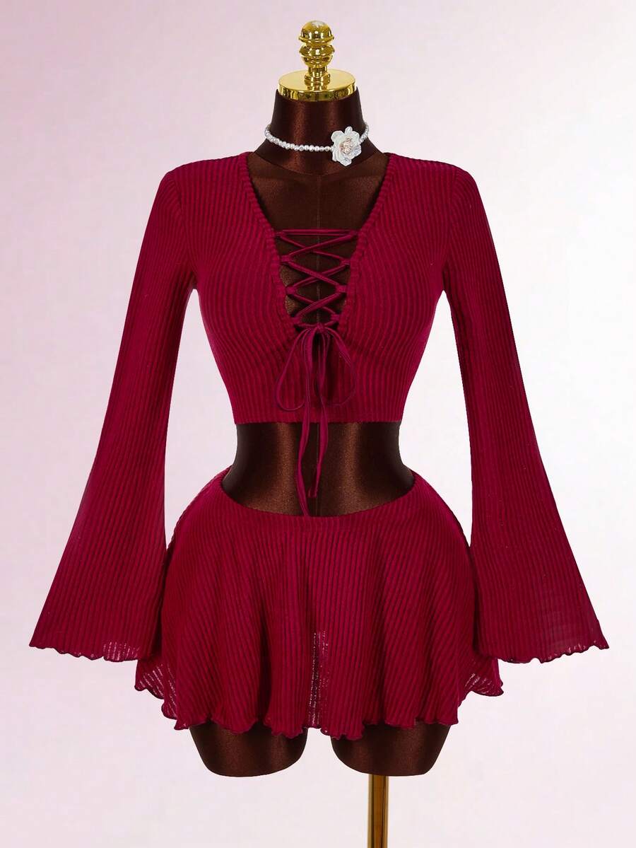 Amplova 女士纯色系带喇叭袖露脐上衣和短裙性感时尚套装 - 酒紅色 - 查看 1