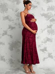 MaterniChic Maternity Burgundy Summer Elegant Formal Textured Dress,Photography Outfits Perfect For Vacation Baby Shower Party Wedding Guest Luxury Evening Dress - Burgundy - View 7