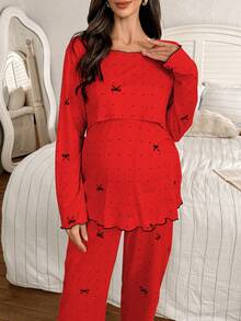 Moonlight&Mama 2pcs Polka Dot Bow Print Nursing Friendly Crew Neck Long Sleeve Top And Pants Maternity Pajama Set - Red - View 4