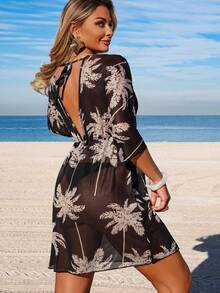 Swim Lushoire 女士沙滩度假连衣裙，V领印花收腰七分袖罩衫连衣裙，春夏款 - 黑色 - 查看 2