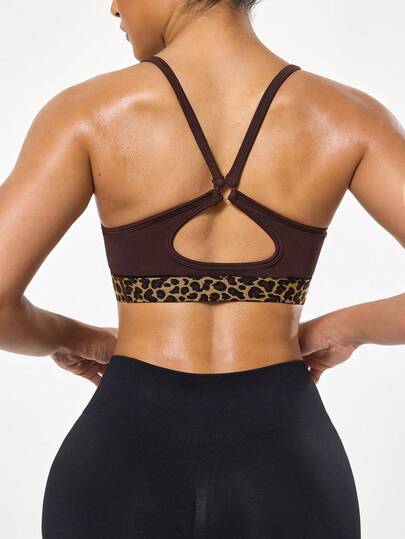 Seamluxe SHEIN Sport 无缝针织可拆卸豹纹网眼腰带设计女士运动文胸