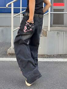 Manfinity EMRG Quần jeans ống rộng dáng suông kiểu vintage, được thêu hoa anh đào tinh tế và đính đinh tán, phong cách thời trang đường phố. - màu đen - Xem 7