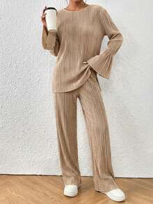 EURMUSE Women's Solid Color Textured Loose Casual Two Piece Set - Beige - View 4