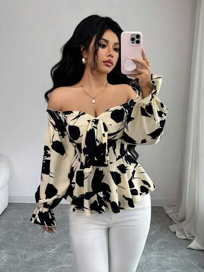Elenzga Women's Elegant Off Shoulder Floral Print Long Sleeve Blouse With Puff Sleeves And Cinched Waist, Spring/Summer