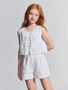 Maija Kids Maija Kids 2pcs Tween Girl Floral Trim Sleeveless Crew Neck Top And Elastic Waist Shorts Set - White - View 3