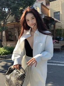 DAZY Women's Vertical Striped Shirt Set, Casual Loose Waist Tie Top And Wide Leg Pants 2-Piece Outfit, Summer - Apricot - View 7